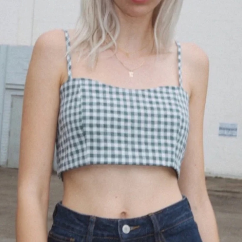 Brandy Melville Blue/White Gingham Cropped Smocked Austen Top